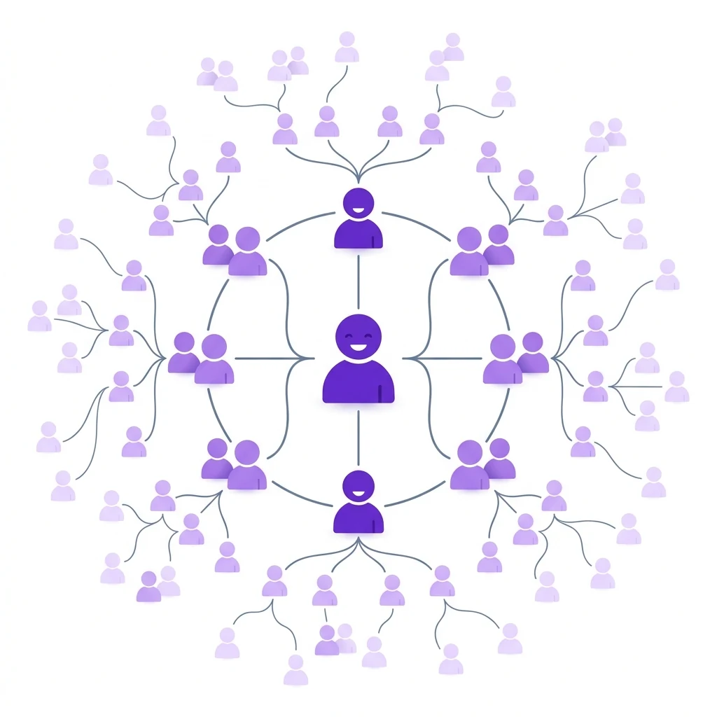 A growth flywheel showing one referrer multiplying into many over successive cycles